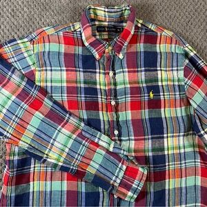 Ralph Lauren Polo Men's XL 100% Linen Long Sleeve Button Down Shirt Plaid Preppy
